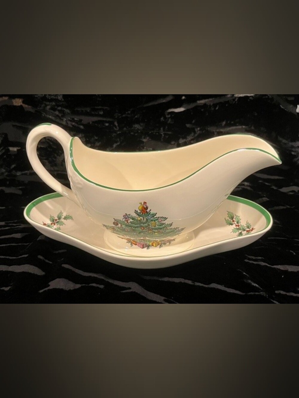 Vintage Spode Christmas Tree 2Pc Gravy Boat & Pickle Dish Combo English Made EUC